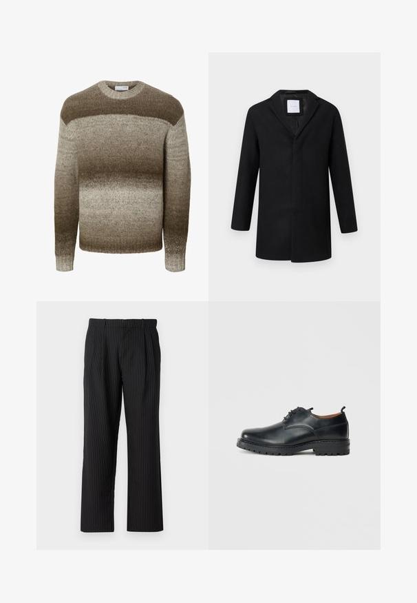 Manteau en laine mélangée noir avec revers crantés, manches longues et coupe droite. Présente un design minimaliste sans quincaillerie visible.; Pull en tricot à manches longues avec col rond présentant des rayures horizontales dégradées dans des tons bruns et beiges.; Jack & Jones JPSTBILL JJDAYTONA WIDE CHINO - Chino - black; Chaussures derby en cuir noir avec une texture lisse, bout rond, design à lacets et une semelle en caoutchouc épaisse et robuste.