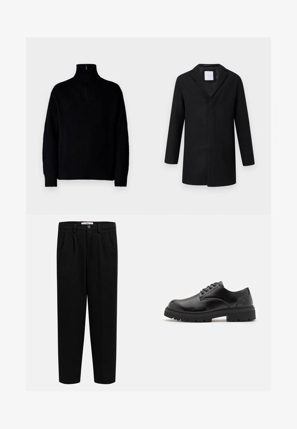 Abrigo de mezcla de lana negro con solapa muesca, mangas largas y corte recto. Presenta un diseño minimalista y sin herrajes visibles.; Suéter negro de cuello alto de canalé con media cremallera en el cuello, presenta mangas largas y un ajuste relajado. La textura es suave y gruesa.; Pantalones negros de talle alto y pierna recta con trabillas para cinturón, pinzas delanteras, bolsillos laterales y cierre de botón en la cintura.; Zapatos de cuero negro con punta redondeada, diseño con cordones y una suela de goma gruesa y texturizada. Presentan costuras a lo largo del borde y un acabado suave.