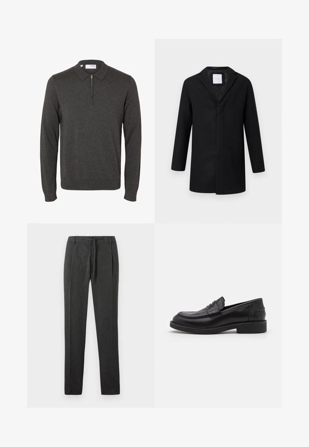 Sort uldblandingsjakke med slagkrave, lange ærmer og lige pasform. Har et minimalistisk design uden synlige metaldele.; Mørkegrå langærmet polo sweater med kort front lynlås og en foldet krave, vist på en ensfarvet hvid baggrund.; Mørkegrå bukser med struktureret stof, lige ben-design, forknyttede folder og en talje med snor. Ingen synlige lommer eller detaljer.; Sorte læder loafers med en rund tå, tonale syninger og en stropdetalje foran. Gummisål med en lav hæl.