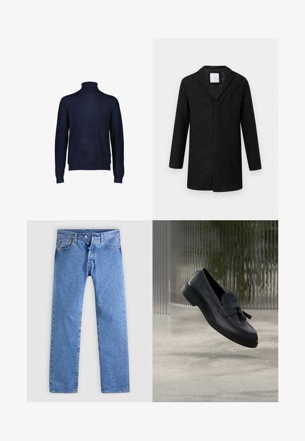 Abrigo de mezcla de lana negro con solapa muesca, mangas largas y corte recto. Presenta un diseño minimalista y sin herrajes visibles.; Suéter de cuello alto en azul marino, hecho de una suave tela de punto. Presenta mangas largas y un cuello y dobladillo acanalados. No hay patrones ni acentos visibles.; Vaqueros de mezclilla azul claro con diseño de pierna recta, cinco bolsillos y cierre de dos botones. Presentan un desvanecimiento mínimo y costuras en contraste.; Mocasines de cuero negro con textura suave, punta redondeada y borlas decorativas en el frente. Suela de goma flexible con tacón bajo.
