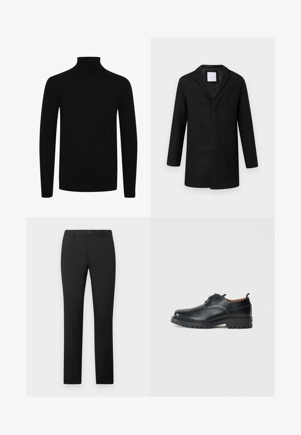 Manteau en laine mélangée noir avec revers crantés, manches longues et coupe droite. Présente un design minimaliste sans quincaillerie visible.; Pull à col roulé noir, à manches longues, avec un col et un ourlet côtelés, fabriqué en tissu tricoté lisse, avec un logo discret sur le côté inférieur.; Pantalon noir sur mesure avec une coupe droite, doté d'une fermeture à bouton et de passants pour ceinture. Confectionné dans un tissu lisse sans motifs apparents.; Chaussures derby en cuir noir avec une texture lisse, bout rond, design à lacets et une semelle en caoutchouc épaisse et robuste.