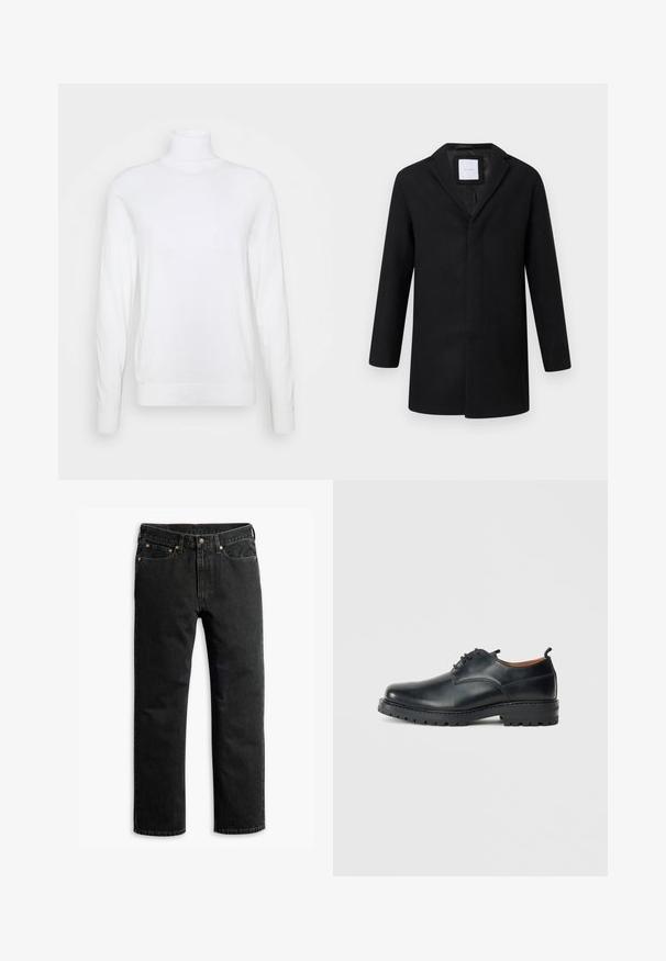 Manteau en laine mélangée noir avec revers crantés, manches longues et coupe droite. Présente un design minimaliste sans quincaillerie visible.; Pull à col roulé blanc avec des manches longues, fabriqué en tissu lisse. Présente un design ajusté et des poignets et un ourlet côtelés. Pas de motifs ni d'accents.; Jean en denim noir à jambe droite avec cinq poches, passants de ceinture et fermeture par bouton à la taille, disposé à plat sur un fond blanc.; Chaussures derby en cuir noir avec une texture lisse, bout rond, design à lacets et une semelle en caoutchouc épaisse et robuste.