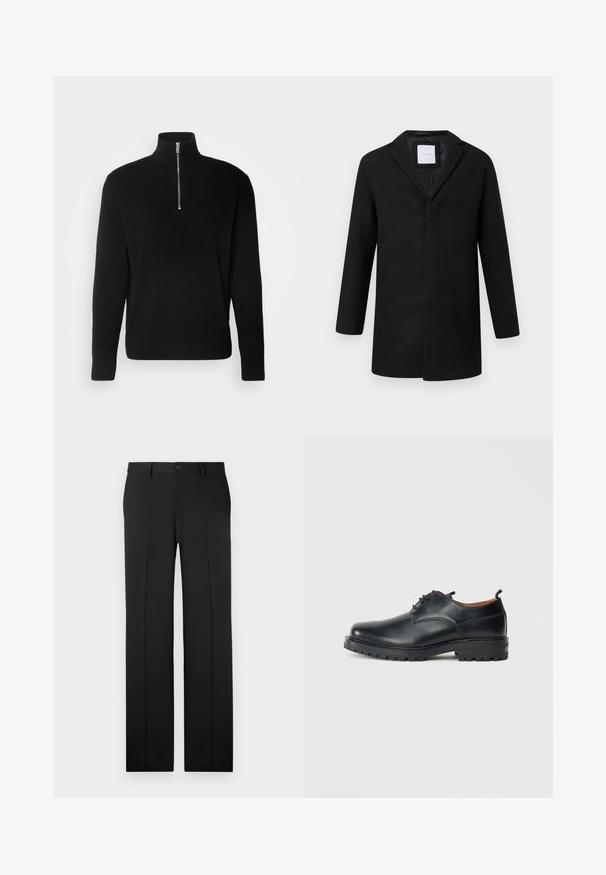 Must have jope mustriga nööriga, pika varrukaga ja sirge lõikega. Tänu minimalistlikule disainile ei ole nähtavaid kinnitusi.; Lindbergh HALF ZIP RIB KNIT - Džemper - black; Mustad, kohandatud püksid otse lõikega, sileda kangaga, ees volditud ja ühe nupuga kinnise taljeosas.; Mustad nahast derby kingad, millel on sile tekstuur, ümar varvas, nööpidega sulgemine ja paks, tugev kummist tald.