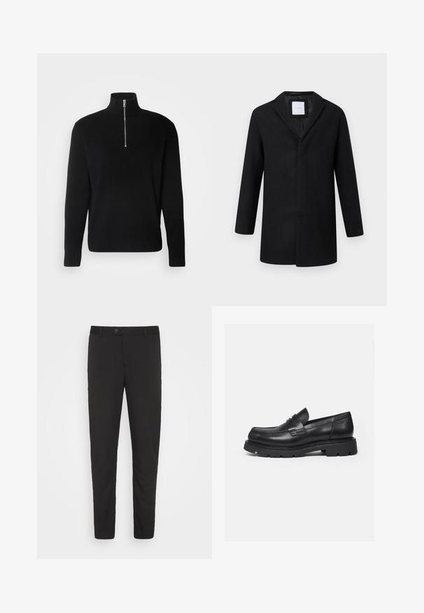 Čierny kabát z vlnenej zmesi s klopovým golierom, dlhými rukávmi a rovný strih. Má minimalistický dizajn a žiadne viditeľné kovanie.; Lindbergh HALF ZIP RIB KNIT - Svetrík - black; Čierne, priliehavé nohavice so strihom rovného nohu, prednými vreckami a zapínaním na gombík. Vyrobené z hladkej látky s jemným leskom.; Čierny kožený mokasín s hrubou rebrovanou podrážkou a detailom popruhu na mincu, zobrazený pravý bočný profil na bielom pozadí.