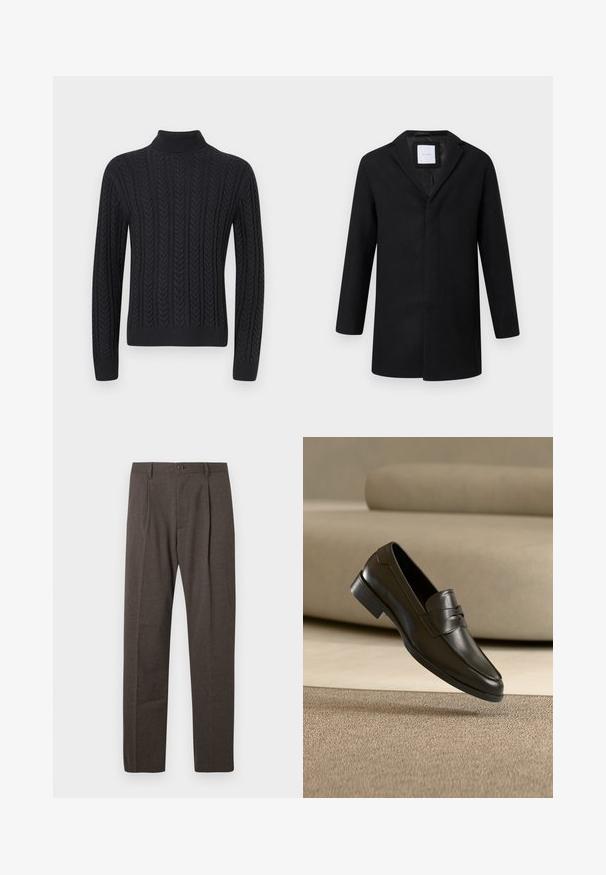 Sort uldblandingsjakke med slagkrave, lange ærmer og lige pasform. Har et minimalistisk design uden synlige metaldele.; Sort strikket turtleneck sweater med et tekstureret mønster af lodrette fletninger, ribbede manchetter og kant for en tætsiddende pasform.; Brune skræddersyede bukser med frontfolder, bæltestropper og en enkelt knaplukning i taljen mod en hvid baggrund.; Sort lædersko med slip-on design, svævende over beige tæppe med beige sofa i baggrunden, der fremhæver klassisk herrestil.