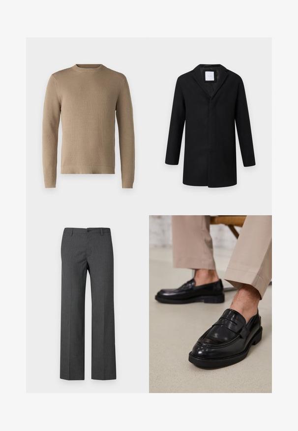 Abrigo de mezcla de lana negro con solapa muesca, mangas largas y corte recto. Presenta un diseño minimalista y sin herrajes visibles.; Suéter de punto beige con cuello redondo, puños y dobladillo acanalados, y tejido texturizado, que presenta un color sólido sin patrones ni acentos.; Pantalones de rayas grises hechos de una tela ajustada, con un diseño de pierna recta, bolsillos delanteros y un cierre de botón en la cintura.; Mocasines de cuero negro con un acabado suave, que cuentan con una correa decorativa y costuras en contraste, combinados con pantalones beiges.