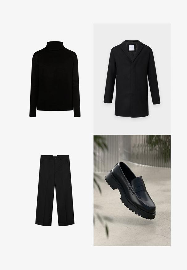 Sort uldblandingsjakke med slagkrave, lange ærmer og lige pasform. Har et minimalistisk design uden synlige metaldele.; Sort rullekravesweater i ribbet tekstur, med lange ærmer og en tætsiddende silhuet. Har strikdetaljer ved kraven og manchetterne.; Sorte bukser med vide ben lavet af et glat materiale, med forlommer, knaplåsning og en presset rille ned langs hvert ben.; Sorte læder loafers med en chunky sål, der har en dekorativ rem og syninger. Glat tekstur med en poleret overflade.