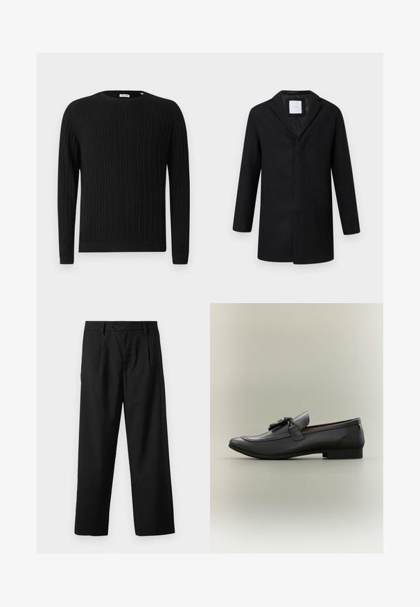 Manteau en laine mélangée noir avec revers crantés, manches longues et coupe droite. Présente un design minimaliste sans quincaillerie visible.; Pull en maille noire avec des manches longues et un col rond. Présente un motif texturé ainsi que des poignets et un ourlet côtelés.; Pantalons noirs à coupe droite, avec une fermeture à un bouton, deux poches avant et une texture de tissu lisse et léger.; Mocassin en cuir noir avec un bout arrondi, un gland décoratif et des détails cousus. Talon plat avec un profil élégant et une texture lisse.
