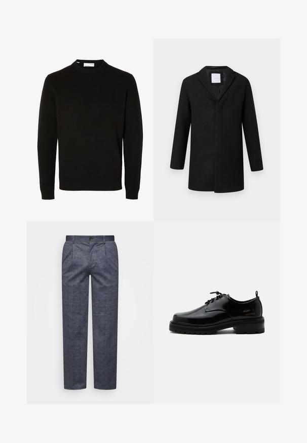 Schwarzer Wollmischmantel mit Reverskragen, langen Ärmeln und geradem Schnitt. Minimalistisches Design ohne sichtbare Hardware.; Schwarzer langärmliger Rundhals-Strickpullover mit gerippten Bündchen und Saum, auf weißem Hintergrund gezeigt.; Dunkelblaue, strukturierte Hose mit geradem Schnitt, ausgestattet mit einem vorderen Knopfverschluss und zwei Seitentaschen. Dezentes Karomuster sichtbar.; Schwarzer polierter Lederschnürschuh mit dicker Gummisohle und niedrigem Absatz, seitlichem Marken-Schriftzug "SAMSOE" und hinterer Zuglasche.