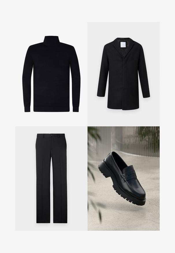 Sort uldblandingsjakke med slagkrave, lange ærmer og lige pasform. Har et minimalistisk design uden synlige metaldele.; Sort turtleneck sweater, ribbede manchetter og krave, blødt strikstof, let design, lange ærmer, ingen synlig branding eller mønstre.; Sorte, skræddersyede bukser med lige ben, glat stof, pressefolder foran og en enkelt knaplukning i taljen.; Sorte læder loafers med en chunky sål, der har en dekorativ rem og syninger. Glat tekstur med en poleret overflade.