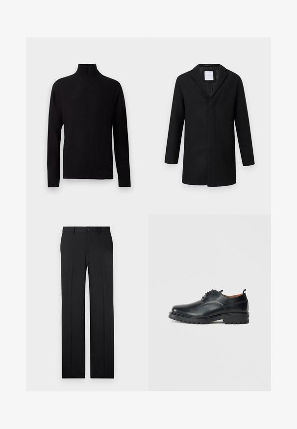Sort uldblandingsjakke med slagkrave, lange ærmer og lige pasform. Har et minimalistisk design uden synlige metaldele.; Sort strikket langærmet rullekrave sweater med ribstrikkede manchetter, kant og hals, vist på en lys grå baggrund.; Sorte, skræddersyede bukser med lige ben, glat stof, pressefolder foran og en enkelt knaplukning i taljen.; Sorte læder derby-sko med en glat overflade, rund tå, snøre-design og en tyk, robust gummisål.