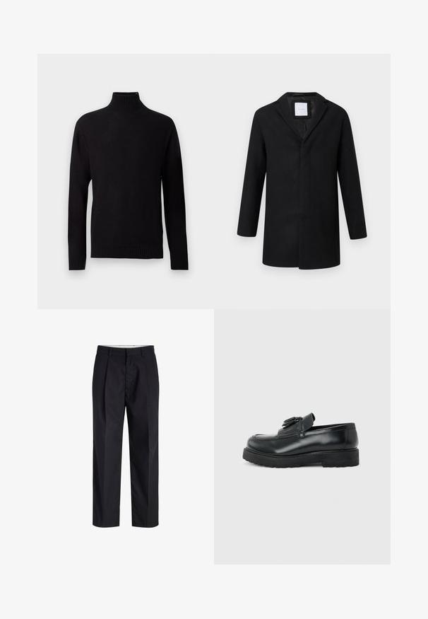 Abrigo de mezcla de lana negro con solapa muesca, mangas largas y corte recto. Presenta un diseño minimalista y sin herrajes visibles.; Jersey negro de cuello alto de punto con mangas largas, puños, bajo y cuello de canalé, mostrado sobre un fondo gris claro.; Pantalones negros de tiro recto con cinturilla, trabillas, cremallera frontal y bolsillos laterales mostrados sobre un fondo blanco.; Mocasín de cuero negro con borlas, suela de caucho gruesa y tacón bajo, mostrado de perfil sobre un fondo liso.