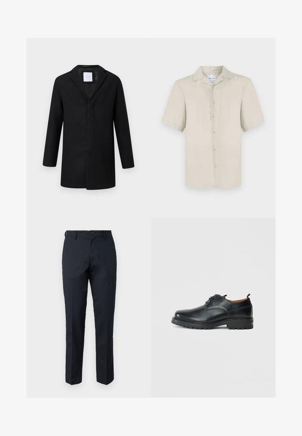 Sort uldblandingsjakke med slagkrave, lange ærmer og lige pasform. Har et minimalistisk design uden synlige metaldele.; Kortærmet beige skjorte med klassisk krave, frontlukning med knapper, glat stoftekstur og lige kant.; Marineblå bukser lavet af bomuld med lige ben-design, frontlommer og knaplukning. Glat tekstur, ingen synlige mønstre.; Sorte læder derby-sko med en glat overflade, rund tå, snøre-design og en tyk, robust gummisål.