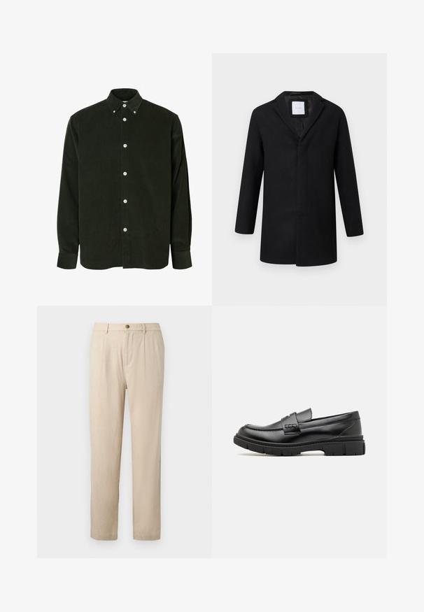 Sort uldblandingsjakke med slagkrave, lange ærmer og lige pasform. Har et minimalistisk design uden synlige metaldele.; Mørkegrøn fløjlsbluse med lange ærmer, hvide knapper og krave med knapper, vist mod en hvid baggrund.; Beige skræddersyede bukser med forreste læg, knaplukning, bæltestropper og lige ben.; Sort læder loafersko med en bred rem over forfoden, gummisål med tykke mønstre og glat overflade. Klassisk, slankt design.