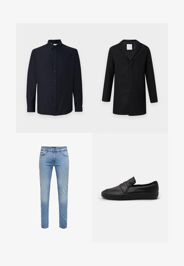 Zwarte wollen mix jas met een geknipte revers, lange mouwen en een rechte snit. Beschikt over een minimalistisch ontwerp en geen zichtbare hardware.; Donker marineblauwe long-sleeve overhemd met knopen en kraag, plat weergegeven tegen een effen lichte achtergrond.; Lichtblauwe denim jeans met een rechte pasvorm, standaard vijf-pocket ontwerp en subtiele vervaging op de benen. Geen zichtbare hardware accenten.; Zwarte instap schoenen van glad leer, met een gestikt ontwerp aan de voorkant en een betrokken rubberen zool voor grip.