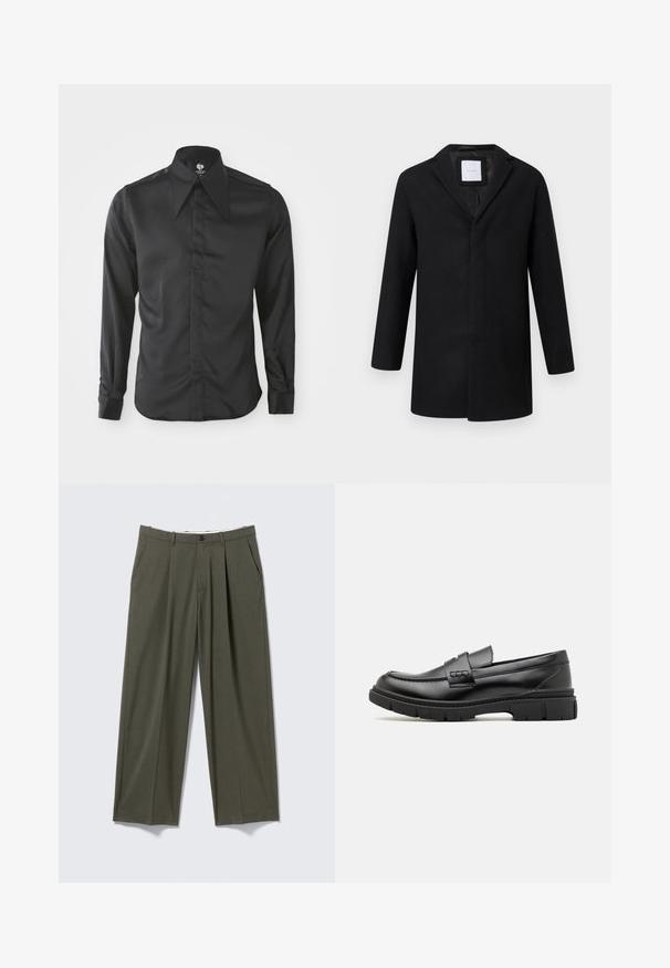 Manteau en laine mélangée noir avec revers crantés, manches longues et coupe droite. Présente un design minimaliste sans quincaillerie visible.; Chemise noire à manches longues en tissu lisse. Dotée d'un col pointu, d'une fermeture à boutons sur le devant et de manches ajustées avec des poignets à boutons.; Pantalon droit vert olive avec plis devant, poches latérales, passants de ceinture et fermeture par bouton à la taille.; Mocassin en cuir noir avec une large sangle sur le devant, semelle en caoutchouc à épaisse rainure, et texture lisse. Design classique et élégant.