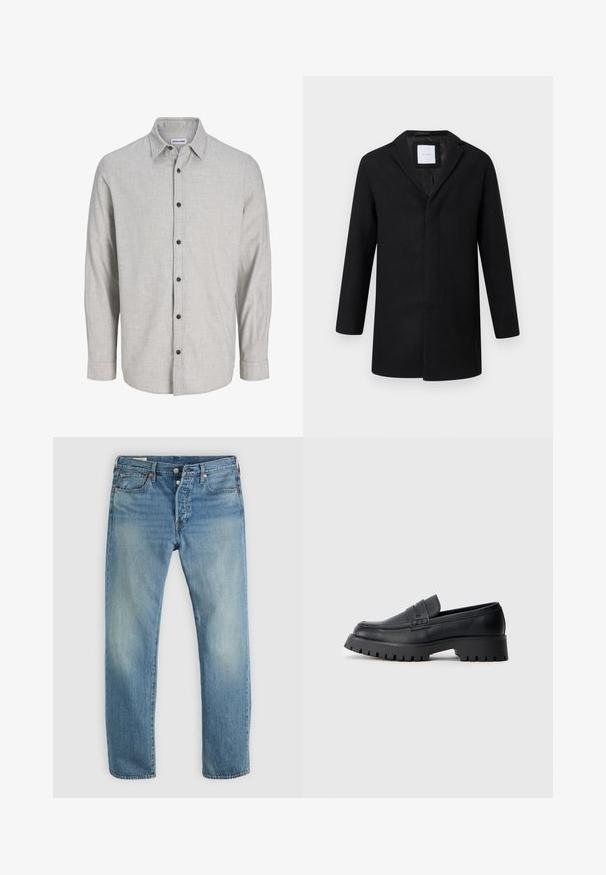 Schwarzer Wollmischmantel mit Reverskragen, langen Ärmeln und geradem Schnitt. Minimalistisches Design ohne sichtbare Hardware.; Helles graues Langarmshirt aus strukturiertem Stoff. Verfügt über einen Kentkragen und sechs schwarze Knöpfe entlang der Vorderseite.; Hellblaue Jeans aus Denim mit geradem Bein, ausgestattet mit einem Fünf-Taschen-Design, kupferfarbenen Beschlägen und subtiler Ausbleichung des Stoffes.; Schwarze Leder-Loafer mit abgerundeter Schuhspitze, ausgestattet mit einem dekorativen Riemen und einer robusten Gummisohle mit tiefem Profil für besseren Halt.