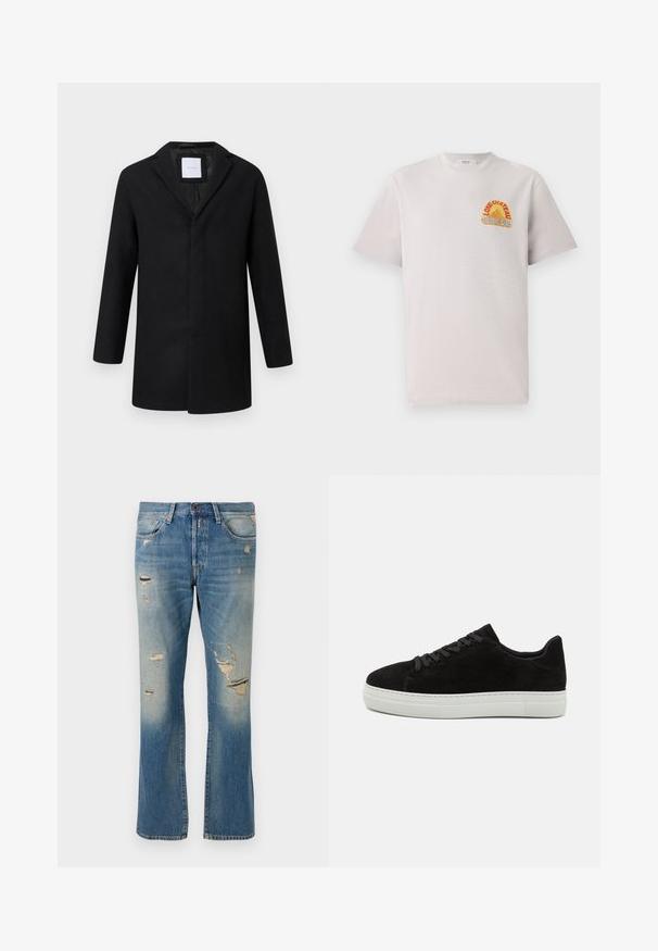 Sort uldblandingsjakke med slagkrave, lange ærmer og lige pasform. Har et minimalistisk design uden synlige metaldele.; Lysegrå bomulds T-shirt med rund hals, der har et farverigt "Lone Château Replay" grafik i orange og blå på brystet.; Lyseblå denimjeans med afslappet pasform, der har slidte detaljer og frynset lapper, med standard fem-lomme-design og knaplukning.; Sort ruskinds sneaker med hvid gummisål, rund tå og sorte snørebånd. Glat tekstur med minimalistisk design og ingen synlige mønstre.