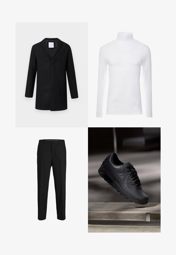 Sort uldblandingsjakke med slagkrave, lange ærmer og lige pasform. Har et minimalistisk design uden synlige metaldele.; Hvid langærmet turtleneck skjorte lavet af blødt, strækbart materiale. Har en høj krave og et tætsiddende design, som giver en strømlinet silhuet.; Sorte bukser lavet af glat stof, med lige snit, bæltestropper og et fladt frontdesign uden synlige mønstre eller pyntegenstande.; Sorte Nike Air Max-sneakers med en struktureret læderoverdel, gummisål og fremtrædende snøresystem, der viser et slankt, moderne design.