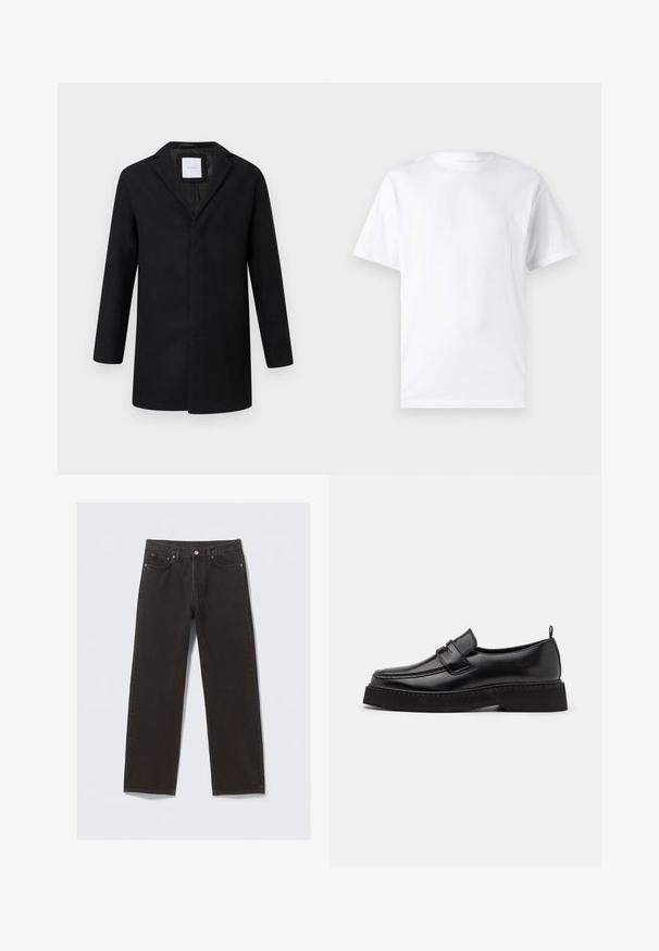 Sort uldblandingsjakke med slagkrave, lange ærmer og lige pasform. Har et minimalistisk design uden synlige metaldele.; Hvid kortærmet t-shirt lavet af bomuld med rund hals, der har en glat tekstur og et simpelt design uden mønstre eller accenter.; Svarte denimjeans med straight-leg design, fem lommer og kobberfarvet syning. Glat tekstur, klassisk knaplukning i taljen.; Sorte læder loafersko i stil med flad, tekstureret sål, med en syet tå og en rem over vristen.