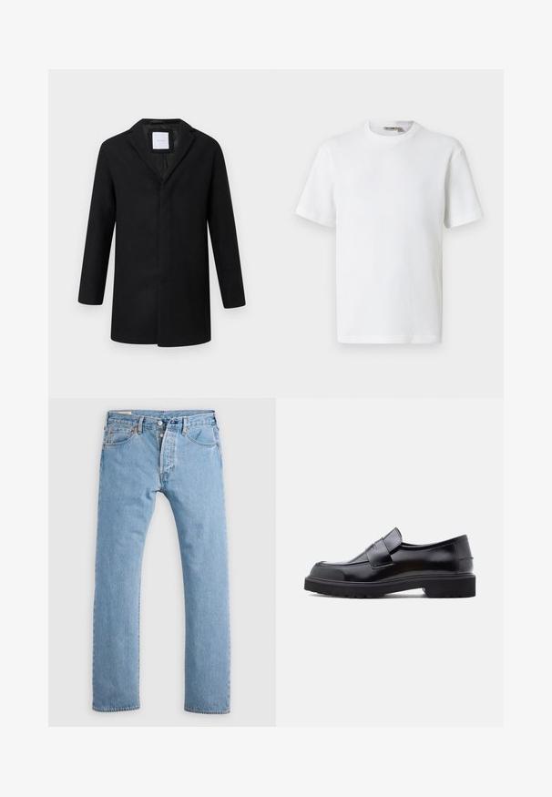 Sort uldblandingsjakke med slagkrave, lange ærmer og lige pasform. Har et minimalistisk design uden synlige metaldele.; Hvid kortærmet t-shirt i vaffelmønster med rund hals og et lille mærke med brandnavn inde i kraven, vist på en ensfarvet baggrund.; Lys blå lige ben denim jeans med knaplukning, bæltestropper og for- og baglommer, vist på en hvid baggrund.; Sorte læder slip-on sko med et slankt design, rund tå og en tyk, struktureret gummisål. Har en dekorativ rem på tværs foran.