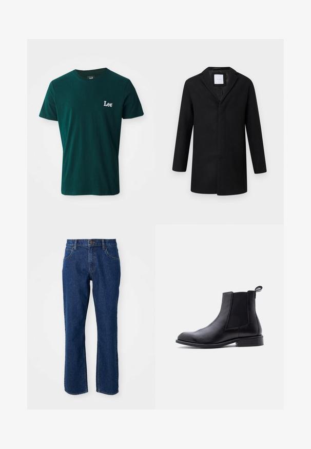 Abrigo de mezcla de lana negro con solapa muesca, mangas largas y corte recto. Presenta un diseño minimalista y sin herrajes visibles.; Camiseta de algodón de color verde oscuro con cuello redondo, mangas cortas y un logo blanco bordado de "Lee" en el lado izquierdo del pecho.; Jeans de mezclilla oscuros de pierna recta con bolsillos delanteros y traseros, pasadores para cinturón y un cierre de botón en la cintura.; Bota Chelsea de cuero negro con panel elástico lateral, lengüeta en el talón, tacón bajo y redondeado, y punta lisa sobre fondo blanco.