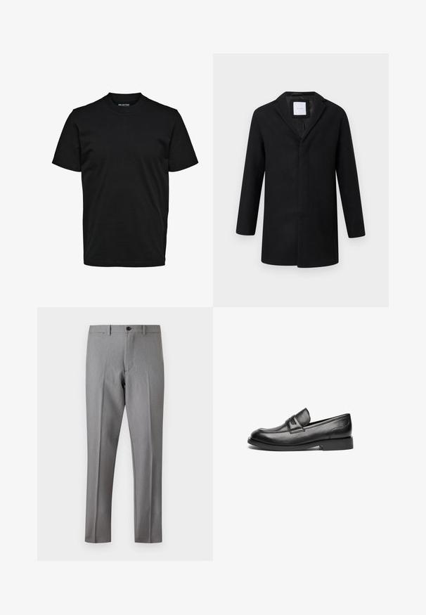 Schwarzer Wollmischmantel mit Reverskragen, langen Ärmeln und geradem Schnitt. Minimalistisches Design ohne sichtbare Hardware.; Schwarzes, schlichtes T-Shirt mit kurzen Ärmeln, Rundhalsausschnitt und regulärer Passform ohne sichtbare Muster oder Logos.; Schmal geschnittene graue Anzughose mit Vorderknopf und Reißverschluss, Gürtelschlaufen und gebügelten Bügelfalten an den Beinen.; Schwarze Lederloafers verfügen über eine abgerundete Zehenpartie, eine genähte Naht über der Oberseite und eine flache Gummisohle. Glatte Oberfläche ohne sichtbare Muster.
