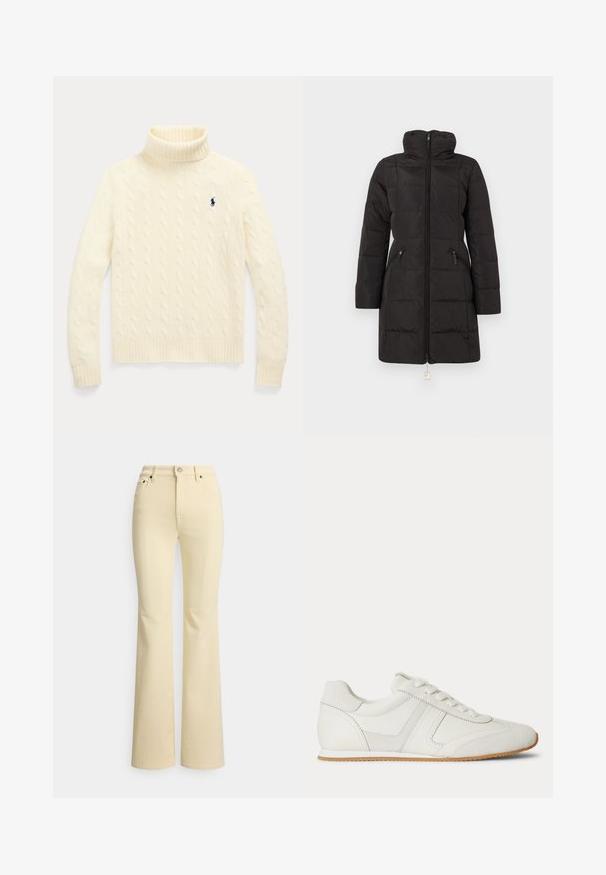 Manteau d'hiver matelassé noir jusqu'aux genoux avec col montant, manches longues et fermeture éclair frontale, avec poches latérales zippées.; Pull col roulé crème en maille torsadée avec manches longues et petit logo bleu marine brodé sur la poitrine gauche.; Jean évasé jaune en coton, avec une taille haute, une braguette zippée avec fermeture bouton, et un design traditionnel à cinq poches.; Baskets basses blanches avec laçage à l'avant, panneaux en daim et cuir, et une semelle en caoutchouc marron clair sur fond blanc.