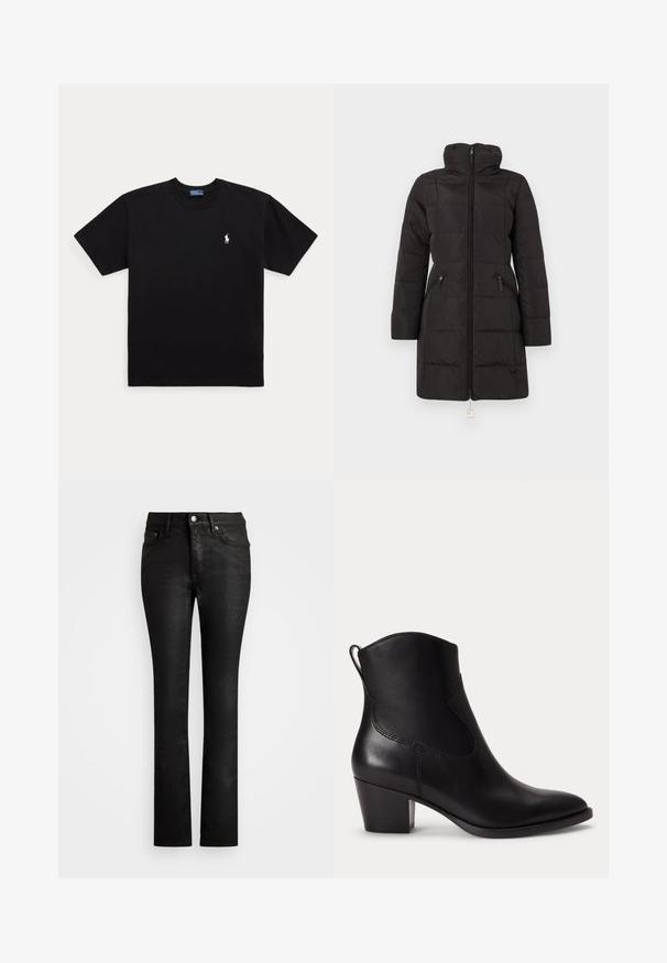Manteau d'hiver matelassé noir jusqu'aux genoux avec col montant, manches longues et fermeture éclair frontale, avec poches latérales zippées.; T-shirt noir à manches courtes et col rond avec petit logo brodé blanc Polo Ralph Lauren sur la poitrine gauche.; Jean en denim noir avec une coupe droite, comportant un style classique à cinq poches et une fermeture à bouton à l'avant. Texture lisse.; Bottine noire en cuir avec un petit talon bloc, un bout arrondi et une languette à l'arrière sur fond blanc uni.