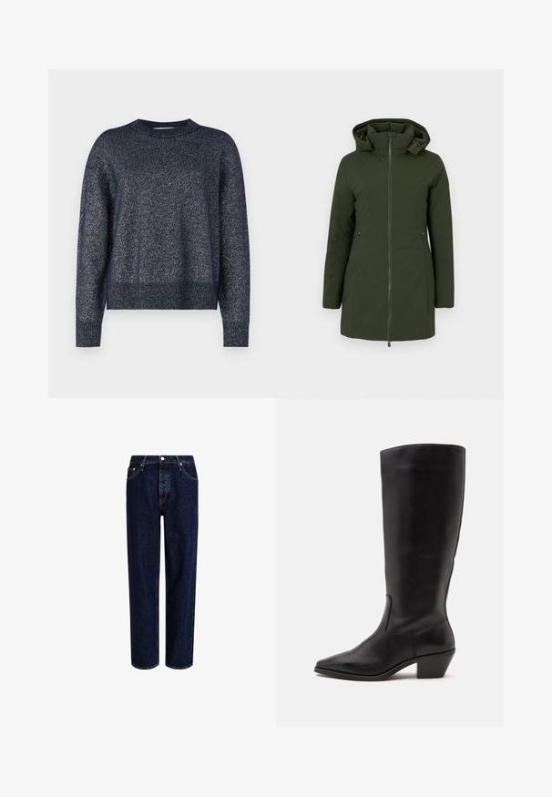 Mørkegrøn lang vinterfrakke med hætte, frontlynlås og to lynlåsede sidelommer, designet til koldt vejr.; Marineblå strikket sweater med rund halsudskæring, lange ærmer og en tekstureret overflade med subtile metalliske tråde throughout.; Mørkeblå denim jeans med lige ben-design, der har høj talje, fem-lomme-stil og kontrastsyninger. Ingen dekorationer.; Sort læderstøvle til midtkalv med spids tå og lavt skråt hæl på en enkel lys baggrund.