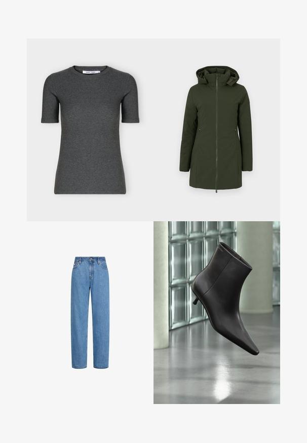 Manteau d'hiver long vert foncé avec capuche, fermeture éclair à l'avant et deux poches latérales zippées, conçu pour les temps froids.; T-shirt tricoté gris foncé à manches courtes, col rond, coupe ajustée et design uni présenté sur fond blanc.; Jean denim bleu à jambes droites, taille haute, bouton frontal et poches, présenté sur un fond blanc.; Bottine en cuir noir avec bout pointu et petit talon, présentée devant un mur en blocs de verre et un sol poli.