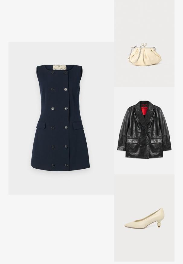 Blazer noir en simili cuir à double boutonnage avec revers en pointe, deux poches avant et une texture lisse et brillante. Doublure rouge visible à l'intérieur.; Robe sans manches bleu marine avec une coupe cintrée, fermeture à double boutonnage, deux poches avant et un col plat pour une silhouette structurée.; Chaussure femme couleur crème à bout pointu avec un petit talon rond en forme de boule, sur fond uni.; Pochette en cuir beige plissé avec un cadre en métal argenté, dotée de deux fermoirs ronds décoratifs et d'une chaîne en argent.
