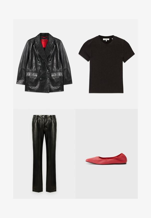 Blazer noir en simili cuir à double boutonnage avec revers en pointe, deux poches avant et une texture lisse et brillante. Doublure rouge visible à l'intérieur.; T-shirt noir à manches courtes en tricot côtelé avec encolure ronde et étiquette de marque visible au niveau du col.; Pantalons droits en simili cuir noir avec fermeture à bouton et à glissière, passants de ceinture et poches latérales, présentés sur un fond blanc.; Filippa K REY FLATS - Ballerines - bright red
