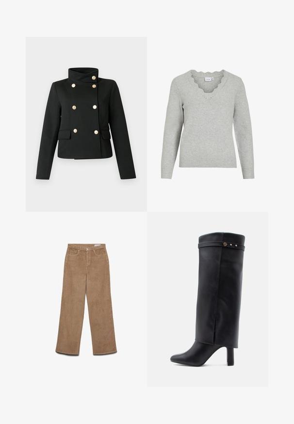 Sort afkortet frakke med høj krave, dobbeltradet design, guldknapper og to forlommer. Glat tekstur, skræddersyet pasform.; Lys grå sweater med lange ærmer og V-udskæring. Har scallopedkant detaljer og en blød strikket tekstur. Minimalistisk design.; Vidbenede kordfløjlsbukser i brun. Har et tekstureret stof, fem lommer og lukning med knap. Lige pasform fra hofte til kant.; Sorte knæhøje støvler lavet af glat læder, med spidse tæer, en slank hæl og en dekorativ rem med hardware detaljer.
