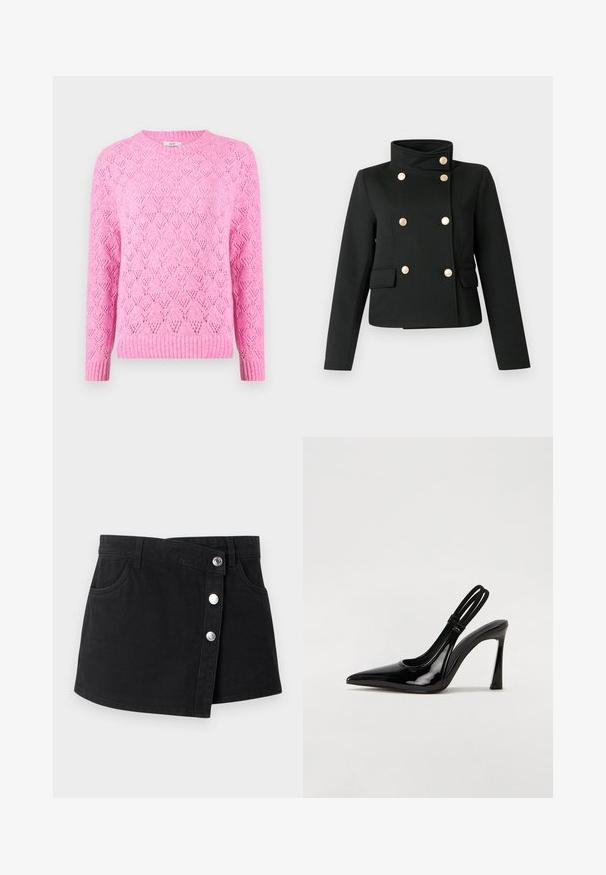 Sort afkortet frakke med høj krave, dobbeltradet design, guldknapper og to forlommer. Glat tekstur, skræddersyet pasform.; Lyserød strikket sweater med et tekstureret diamantmønster, ribbet krave og manchetter, lange ærmer og en let løs pasform.; Sort denim mini nederdel med asymmetrisk frontklap, tre sølvtryknapper, bæltestropper og to sidelommer.; Sorte patenterede lædersædler med spidse tæer, slank høj hæl og dobbelt elastisk rem for sikker pasform. Glat, skinnende overflade.