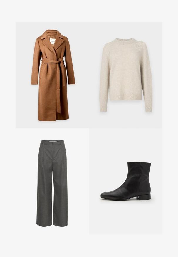 Langer brauner Wollmantel mit breiten Revers, zwei Seitentaschen und einem gebundenen Gürtel in der Taille, vor einem schlichten Hintergrund präsentiert.; Beige Strickpullover mit Rundhalsausschnitt, Raglanärmeln und geripptem Saum. Weiche Textur mit einer leicht lockeren Passform und minimalem Muster.; Graue weite Hosen aus strukturiertem Stoff, mit hoher Taille und vorderen Falten, ohne sichtbare Taschen oder metallische Details.; Schwarze Lederknöchelstiefel mit spitz zulaufender Zehe, glatter Textur, minimalistischem Design und niedrigem Blockabsatz. Der seitliche Reißverschluss reicht bis zum Knöchel.
