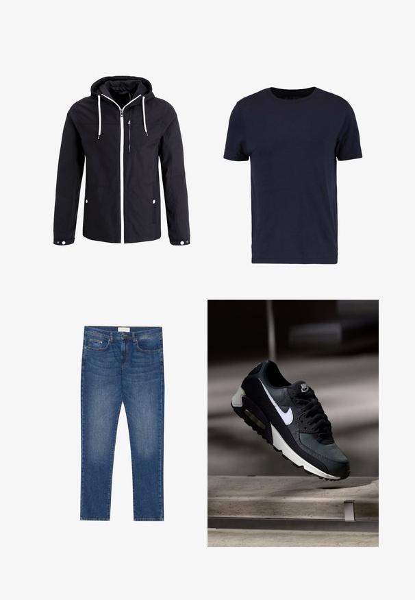 Zwarte ritsjack met capuchon, witte koordjes, twee zijzakken en één ritsborstzak; voorzien van een contrasterende witte rits.; Pier One by Zalando T-shirt basic - dark blue; Heren blauwe spijkerbroek met een rechte snit, vijf zakken, lichte vervagingsdetails en een standaard knoop- en ritsluiting.; Zwart-grijze Nike Air Max sneaker met witte swoosh, zwevend boven een betonnen oppervlak tegen een wazige donkere achtergrond.