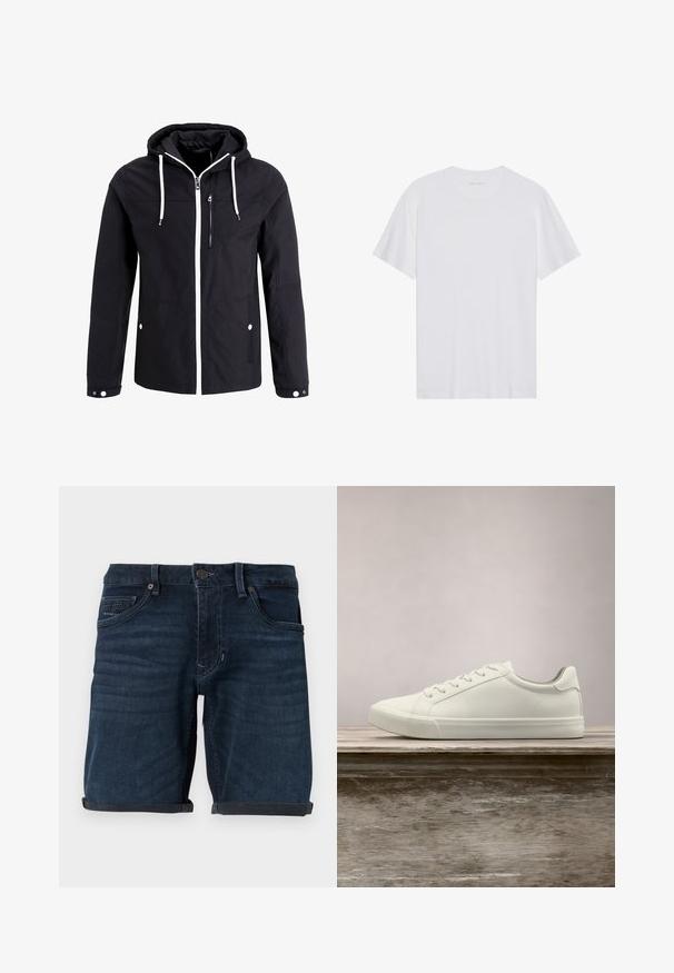 Zwarte ritsjack met capuchon, witte koordjes, twee zijzakken en één ritsborstzak; voorzien van een contrasterende witte rits.; Witte katoenen T-shirt met korte mouwen, een ronde hals en een gladde textuur. Heeft minimale branding op de halslijn.; Donkerblauwe denimshorts met opgerolde mouwen, voorzien van voorzakken, een knoopsluiting en een merkelabel op de achterzak.; Witte vetersneaker die boven een houten bank zweeft met groene bladeren op de achtergrond, waarbij het ontwerp en de textuur van de schoen worden getoond.