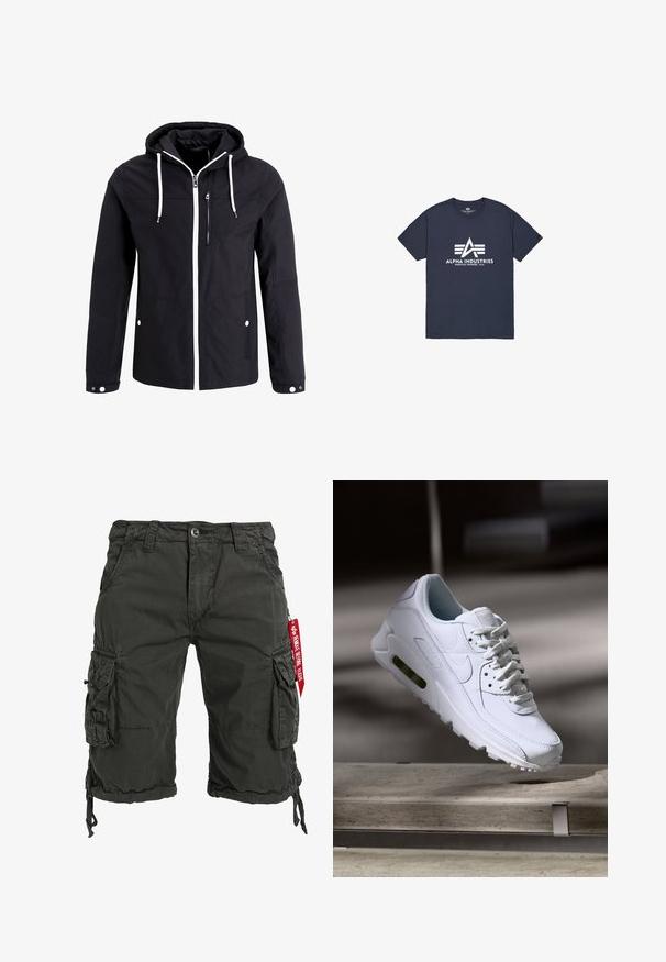 Chaqueta negra con cremallera y capucha, cordones blancos, dos bolsillos laterales y un bolsillo en el pecho con cremallera; cuenta con una cremallera blanca en contraste.; Camiseta de algodón azul marino, con cuello redondo, mangas cortas, que presenta un logo blanco con tres franjas paralelas y el texto "ALPHA INDUSTRIES".; Bermudas cargo de color verde oscuro fabricadas con tejido resistente, que cuentan con múltiples bolsillos laterales, un dobladillo con cordón y un acento de etiqueta roja.; Zapatilla blanca de piel con superficies texturizadas, cuello acolchado y amortiguación de aire visible en la suela. Presenta cordones y un diseño minimalista.