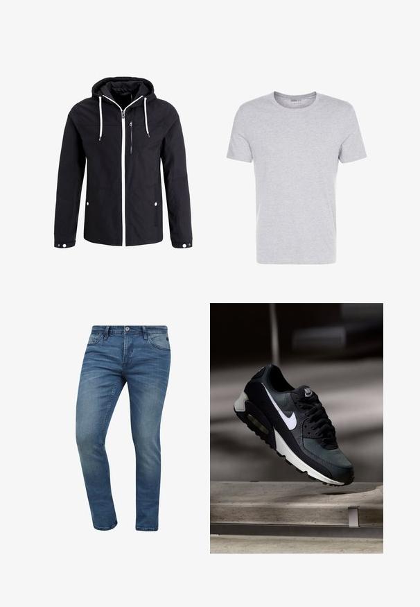 Sort zip-jakke med hætte, hvide snore, to sidelommer og en lynlåslomme på brystet; har en kontrasterende hvid lynlås.; Grå bomulds T-shirt med rund hals, korte ærmer og et enkelt design, som har en blød, glat tekstur uden synlige mønstre eller udsmykninger.; Tætsiddende blå denim jeans med en falmet vask, fem lomme-design og lukning med metalknap. Stoffet har en let tekstur og syninger.; Sort og grå Nike Air Max sneaker med hvid swoosh, ophængt over en betongulv mod en sløret mørk baggrund.