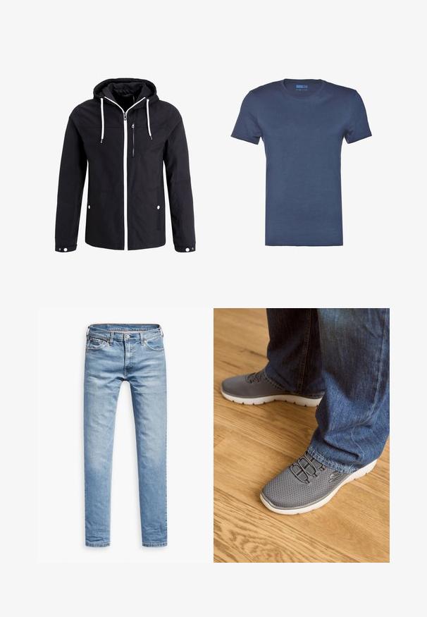 Schwarze Zip-Jacke mit Kapuze, weißen Kordeln, zwei Seitentaschen und einer Reißverschlusstasche auf der Brust; mit kontrastierendem weißen Reißverschluss.; Navyblaues Baumwoll-T-Shirt mit Rundhals, kurzen Ärmeln und einer glatten, einfarbigen Textur. Keine Muster oder sichtbaren Hardware-Details.; Helle blaue Jeans, gerade geschnitten, mit fünf Taschen, Reißverschluss und Knopfverschluss. Glatte Textur mit dezenten Ausbleichungen.; Graue Sportschuhe mit einem Mesh-Obermaterial, weißer Sohle und elastischen Schnürsenkeln. Kombiniert mit blauen Jeans auf einem Holzboden.