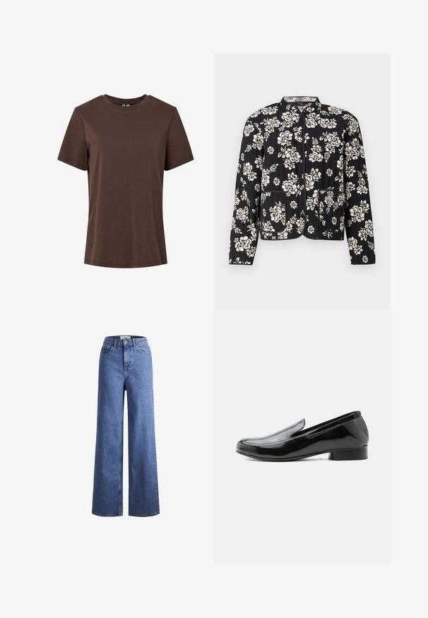 Veste matelassée noire avec motif floral blanc, col rond, et deux poches avant, finie avec un bord contrasté et des fermetures à pression.; T-shirt en coton marron uni à manches courtes et col rond, présenté sur un fond blanc.; Jean large en denim bleu clair avec taille haute, deux poches avant et coutures visibles. Fermeture à bouton et à zip.; Mocassin en cuir verni noir avec petit talon et bout arrondi, présenté sur un fond neutre.