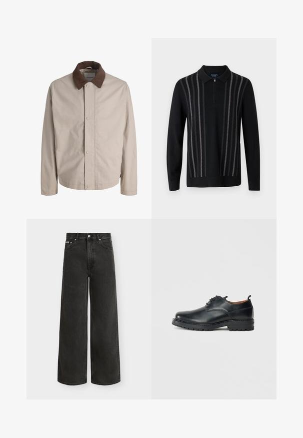 Beige jakke med knapper, brun fløjlskrave, lige lange ærmer og en glat stoftekstur.; Sort sweater med lynlås i kraven, med lodrette grå striber, lavet af blødt strikket materiale, med lange ærmer og sidelufter.; Sorte jeans med høj talje og vide ben med knap- og lynlås-lukning, for- og baglommer, vist mod en hvid baggrund.; Sorte læder derby-sko med en glat overflade, rund tå, snøre-design og en tyk, robust gummisål.