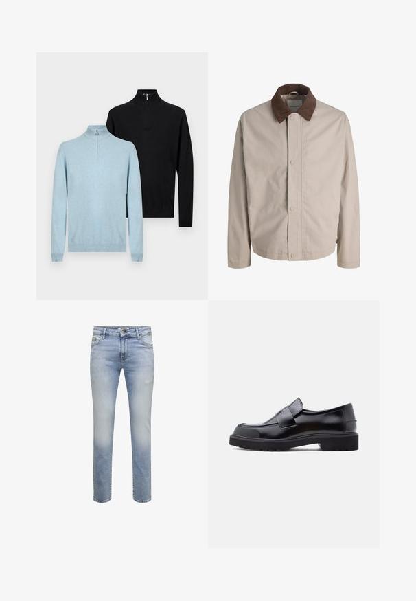 Veste beige boutonnée avec col en velours côtelé marron, manches longues droites et texture de tissu lisse.; Deux pulls à manches longues avec demi-fermeture éclair, un bleu clair à l'avant et un noir derrière, présentés sur un fond clair uni.; Jean slim bleu clair avec légère décoloration et design classique à cinq poches, fermeture par bouton et zip.; Chaussure noire en cuir à enfiler avec un design épuré, bout rond et semelle épaisse en caoutchouc texturé. Présente une sangle décorative à l'avant.