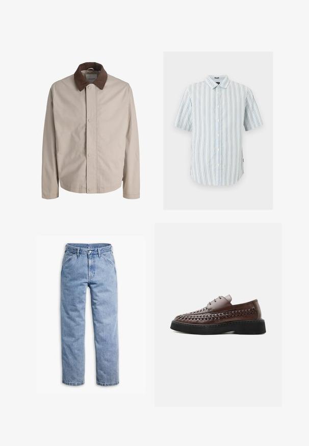Beige jakke med knapper, brun fløjlskrave, lige lange ærmer og en glat stoftekstur.; Kortærmet skjorte med knapper, med lodrette hvide og lyseblå striber, spredt krave og hvide knapper foran.; Lyseblå straight-leg denimjeans med forreste knap- og lynlås, bæltestropper og skrå forlommer.; Brun læder snørestøvle med vævede detaljer langs siderne og en tyk sort platformsål, vist i profil på hvid baggrund.