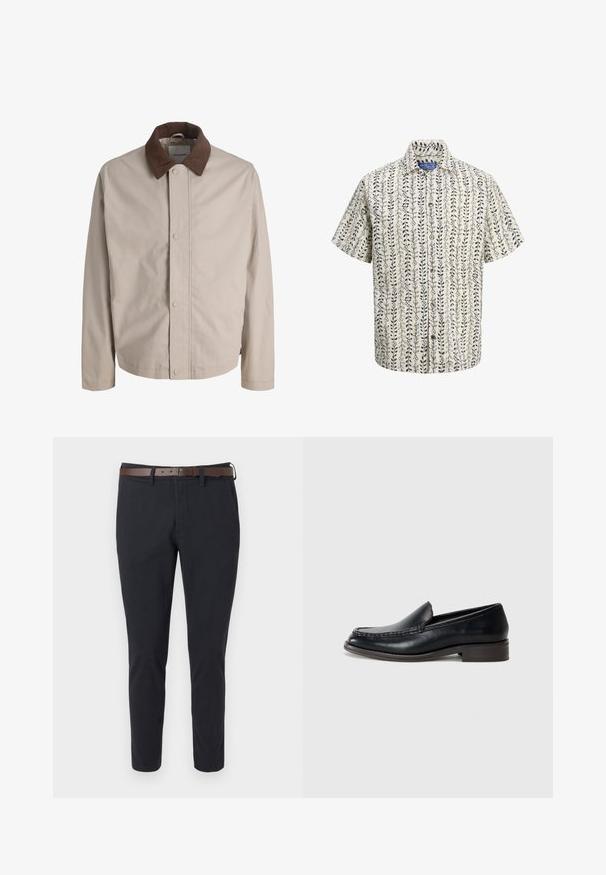 Beige button-up jacket with brown corduroy collar, straight long sleeves, and a smooth fabric texture.; Short-sleeved beige shirt with dark blue vertical vine patterns and buttons down the front.; Dark navy slim-fit trousers with front pockets and a brown leather belt against a white background.; Black leather men's loafer with stitched moc toe, low wooden heel, and slip-on design on a plain light background.