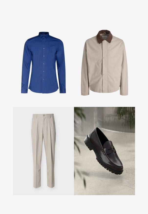 Chaqueta beige con botones, cuello de pana marrón, mangas largas rectas y textura de tela lisa.; Camisa de manga larga y cuello en tejido azul oscuro con una textura suave, con cierre de botones en la parte delantera y dobladillo redondeado. Brillo sutil en el tejido.; Pantalones beige a medida para hombre con pinzas delanteras, trabillas para cinturón, cierre de botones y corte recto, sobre fondo blanco.; Mocasines de cuero marrón con una suela de goma texturizada y estriada. Presentan un diseño elegante y una correa decorativa sobre el empeine.