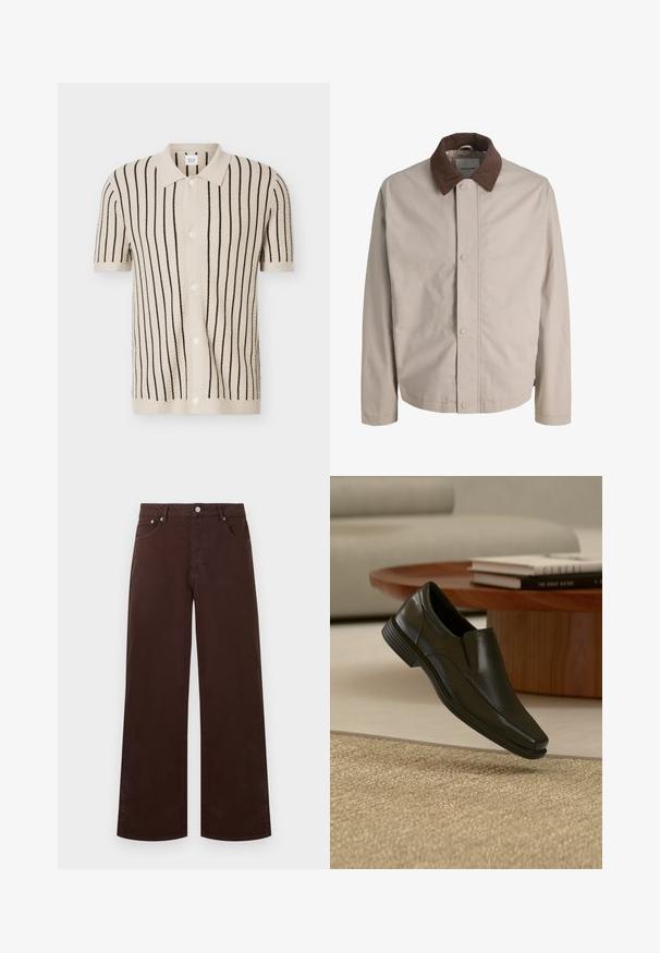 Veste beige boutonnée avec col en velours côtelé marron, manches longues droites et texture de tissu lisse.; Chemise en maille beige à manches courtes, boutonnée, avec des rayures verticales noires et un col pointu, présentée sur un fond uni.; Pantalon droit marron foncé avec poches avant, passants pour ceinture et fermeture par bouton métallique sur un fond uni.; Chaussure habillée noire en cuir sans lacets flottant au-dessus d'un tapis beige tissé, avec une table basse ronde en bois et des livres empilés en arrière-plan.