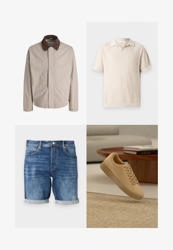 Veste beige boutonnée avec col en velours côtelé marron, manches longues droites et texture de tissu lisse.; Polo en tricot beige à manches courtes avec un motif côtelé vertical texturé et un petit col.; Short en jean d'un bleu moyen, présentant un design classique avec un revers roulé à l'ourlet, des coutures contrastantes et des poches avant.; Baskets beiges à lacets flottant au-dessus d'un tapis texturé avec une table basse en bois et des livres empilés en arrière-plan flou.