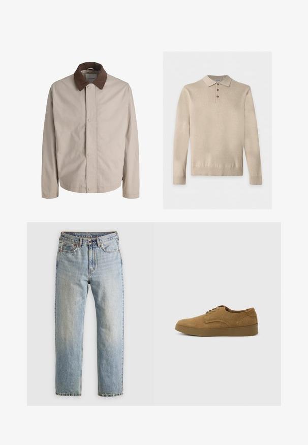Veste beige boutonnée avec col en velours côtelé marron, manches longues droites et texture de tissu lisse.; Polo en maille beige à manches longues avec trois boutons et poignets et ourlet côtelés, posé à plat sur un fond blanc.; Jean en denim bleu clair à taille haute, avec bouton avant, fermeture éclair et design à cinq poches, posé à plat sur un fond neutre.; Chaussure décontractée à lacets en daim marron avec semelle en caoutchouc plate, vue de côté sur un fond clair uni.